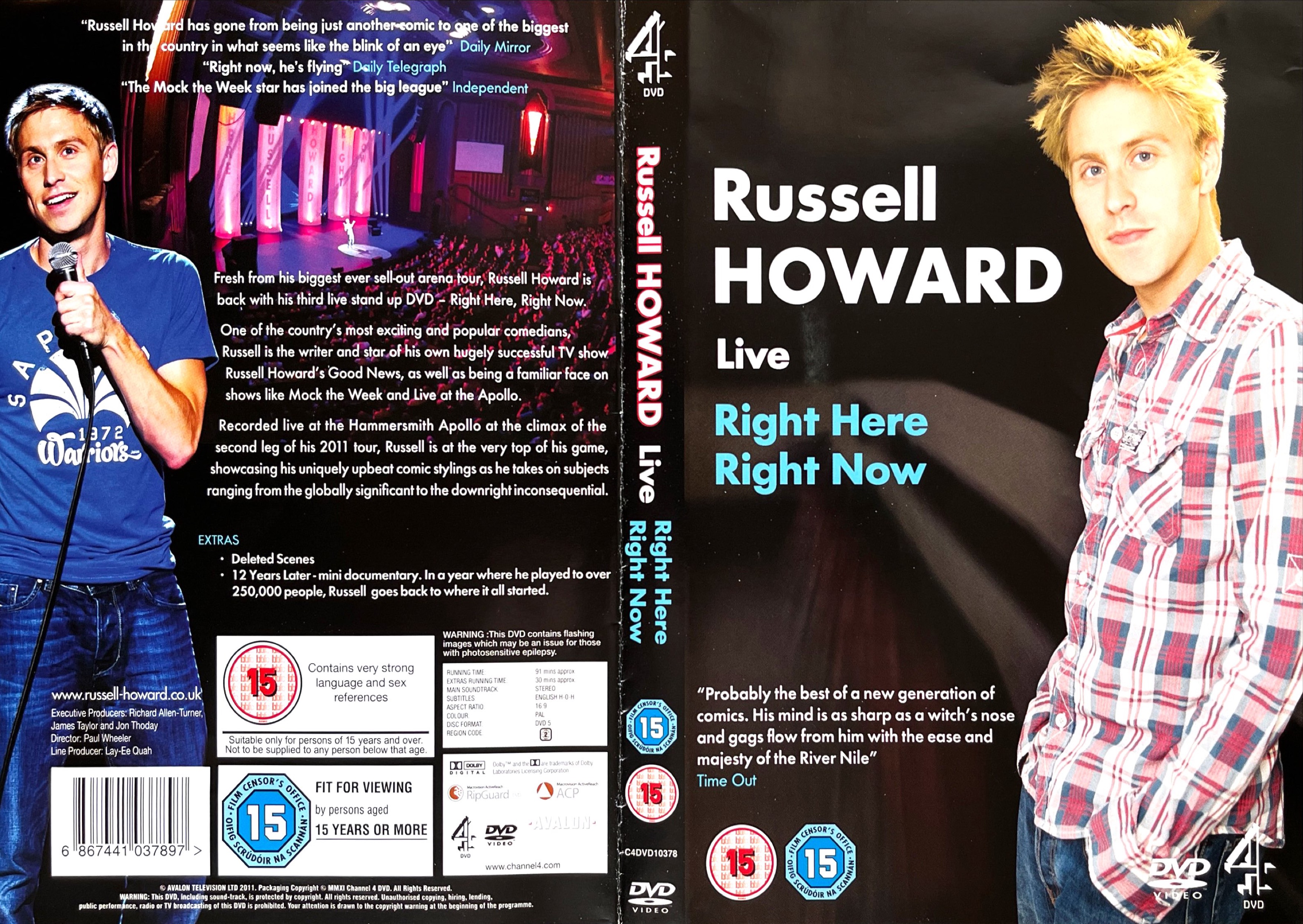 DVD cover spread for Russell Howard - Right Here, Right Now. The front cover shows Russell standing in a red checked shirt, against a background that makes it look like he's casting a shadow in the doorway of a dark room. The back cover shows images of Russell performing in the show alongside the description of the DVD.