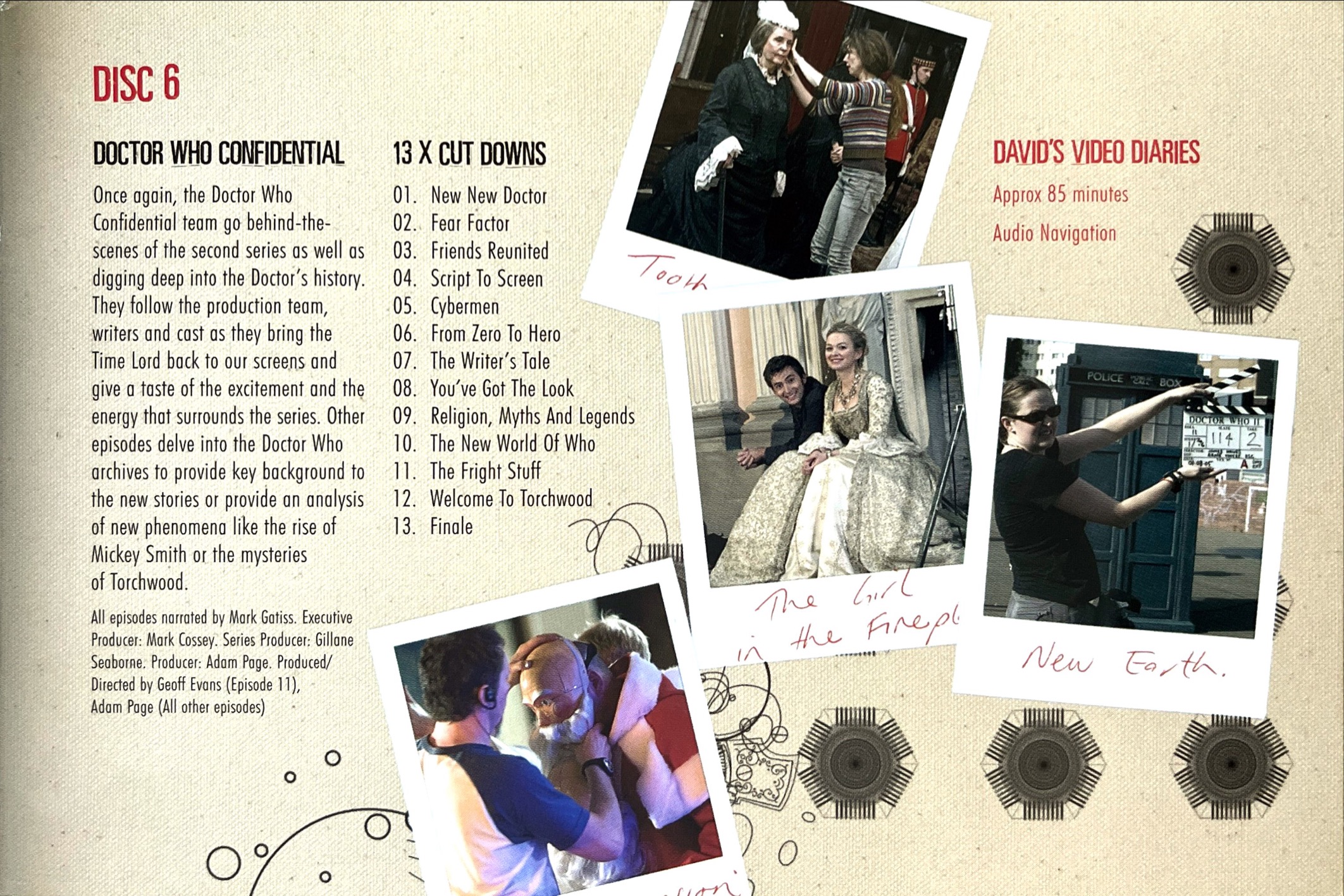 2-page spread from the DVD booklet for Series 2 of Doctor Who. Text provides a description of Doctor Who Confidential and a list of the cut-down episodes, as well as the extra features David's Video Diaries and audio navigation. Alongside the text are behind the scenes photos from the series, including a lady tending to Queen Victoria's hair, David Tennant as the Doctor sitting next to Sophia Myles dressed as Madame de Pompadour, a lady holding a clapper board in front of the Tardis, and a headpiece being put on to one of the Santa Claus figures from The Christmas Invasion.