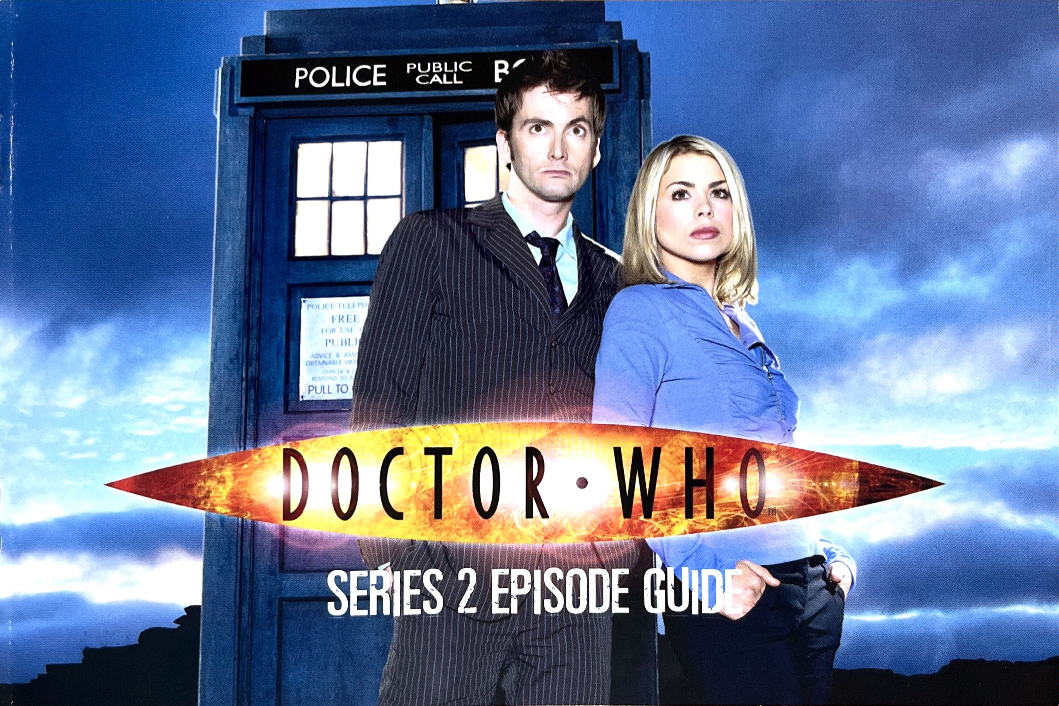 Cover of the booklet included with the DVD of Doctor Who Series 2, showing a photo of David Tennant's Doctor and Rose standing in front of the Tardis.