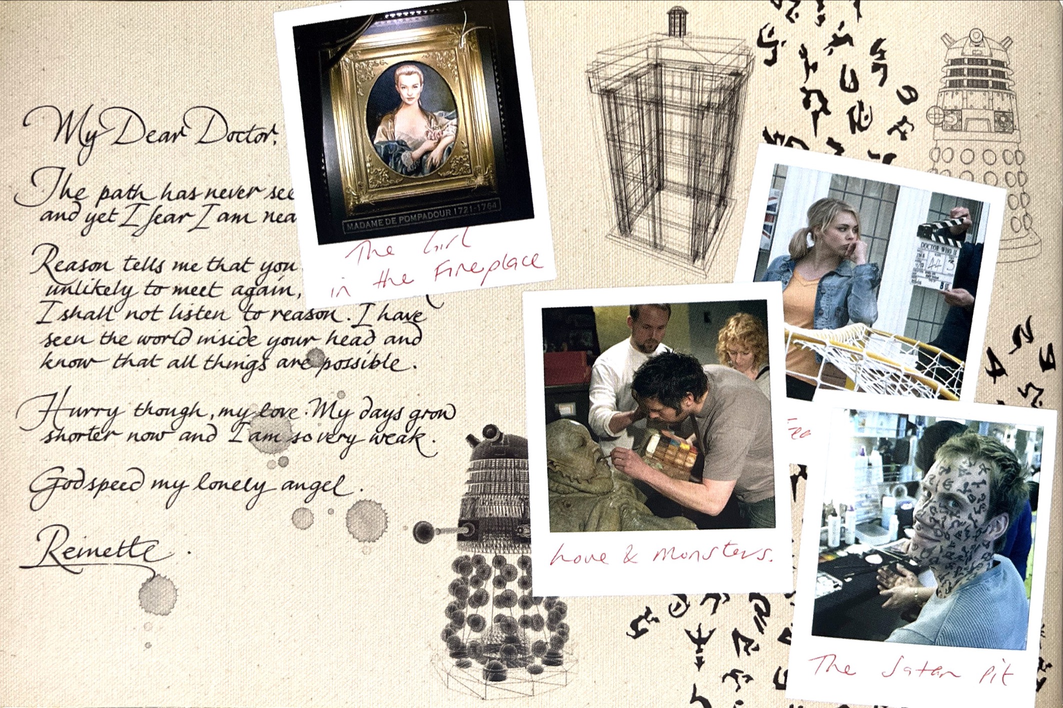2-page spread from the DVD booklet for Series 2 of Doctor Who. The left page shows a handwritten letter the Doctor receives from Madame de Pompadour in the episode The Girl In The Fireplace, alongside a portrait painting of her. The right-hand page shows behind the scenes imagery from across the series, including sketches of two Daleks and the outer shell of the Tardis, a photo of Billie Piper looking thoughtful while a clapper board is held in front of her, a photo of a man with black markings all over his face, and a photo of makeup being applied to the prosthetic of the Abzorbaloff monster.