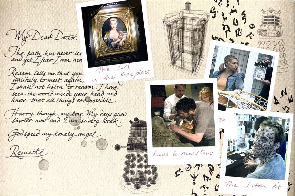 2-page spread from the DVD booklet for Series 2 of Doctor Who. The left page shows a handwritten letter the Doctor receives from Madame de Pompadour in the episode The Girl In The Fireplace, alongside a portrait painting of her. The right-hand page shows behind the scenes imagery from across the series, including sketches of two Daleks and the outer shell of the Tardis, a photo of Billie Piper looking thoughtful while a clapper board is held in front of her, a photo of a man with black markings all over his face, and a photo of makeup being applied to the prosthetic of the Abzorbaloff monster.