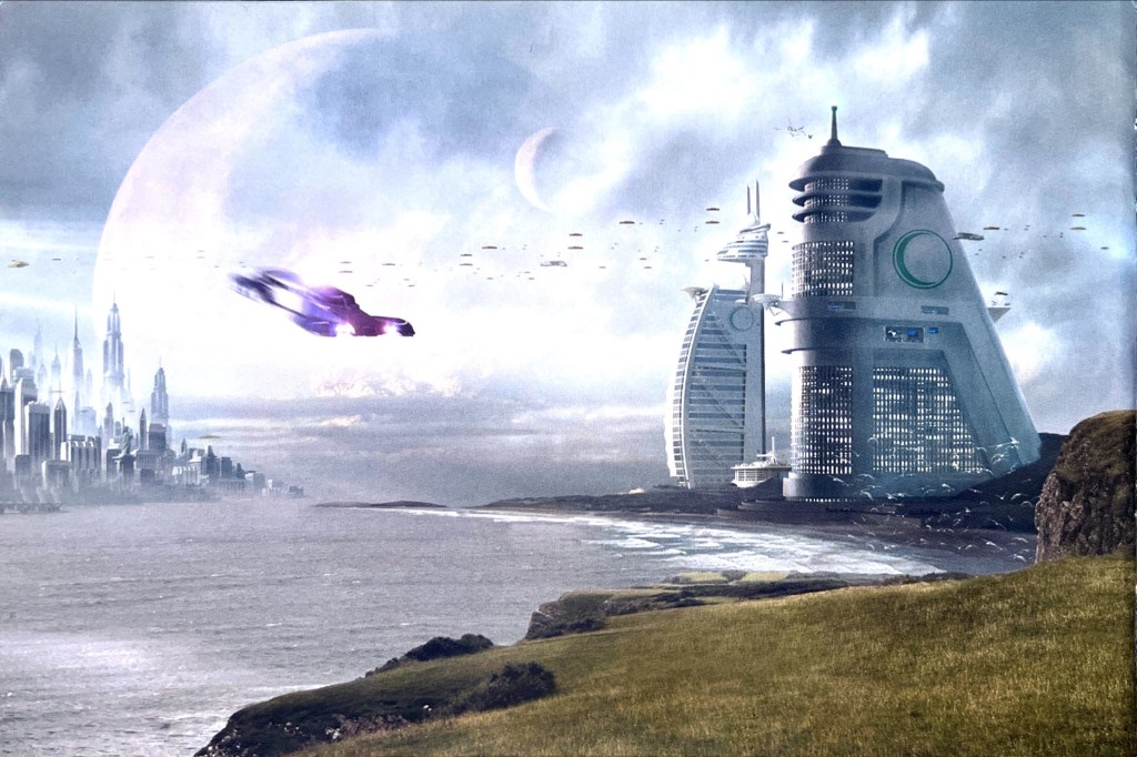 Image from the Doctor Who episode New Earth, featured in the DVD booklet for Series 2, showing a vehicle flying over an expanse of water towards the huge hospital building on the shore. Other tall buildings can be seen on the opposite shoreline, and lots more flying craft in the distance.
