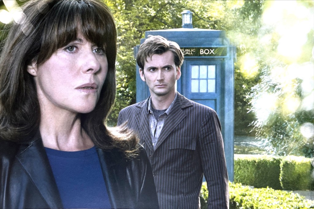 Image from the Doctor Who episode School Reunion, featured in the DVD booklet for Series 2, showing David Tennant's Doctor with Sarah Jane Smith standing in a sunny park, with the Tardis behind them.