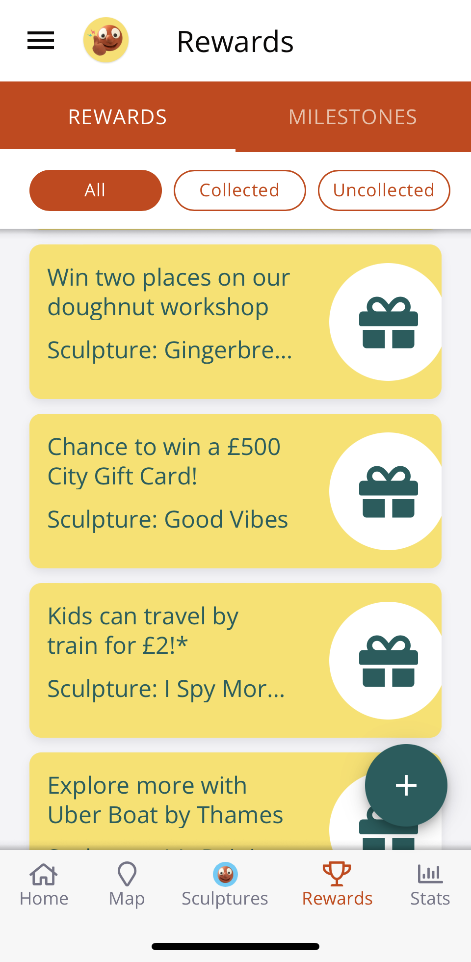 Screenshot from the app for the Morph art trail, showing a few of the rewards you can unlock, including prize draws for a doughnut workshop and a £500 City Gift Card, an offer for children to travel by train for two pounds, and an offer from Uber Boats.