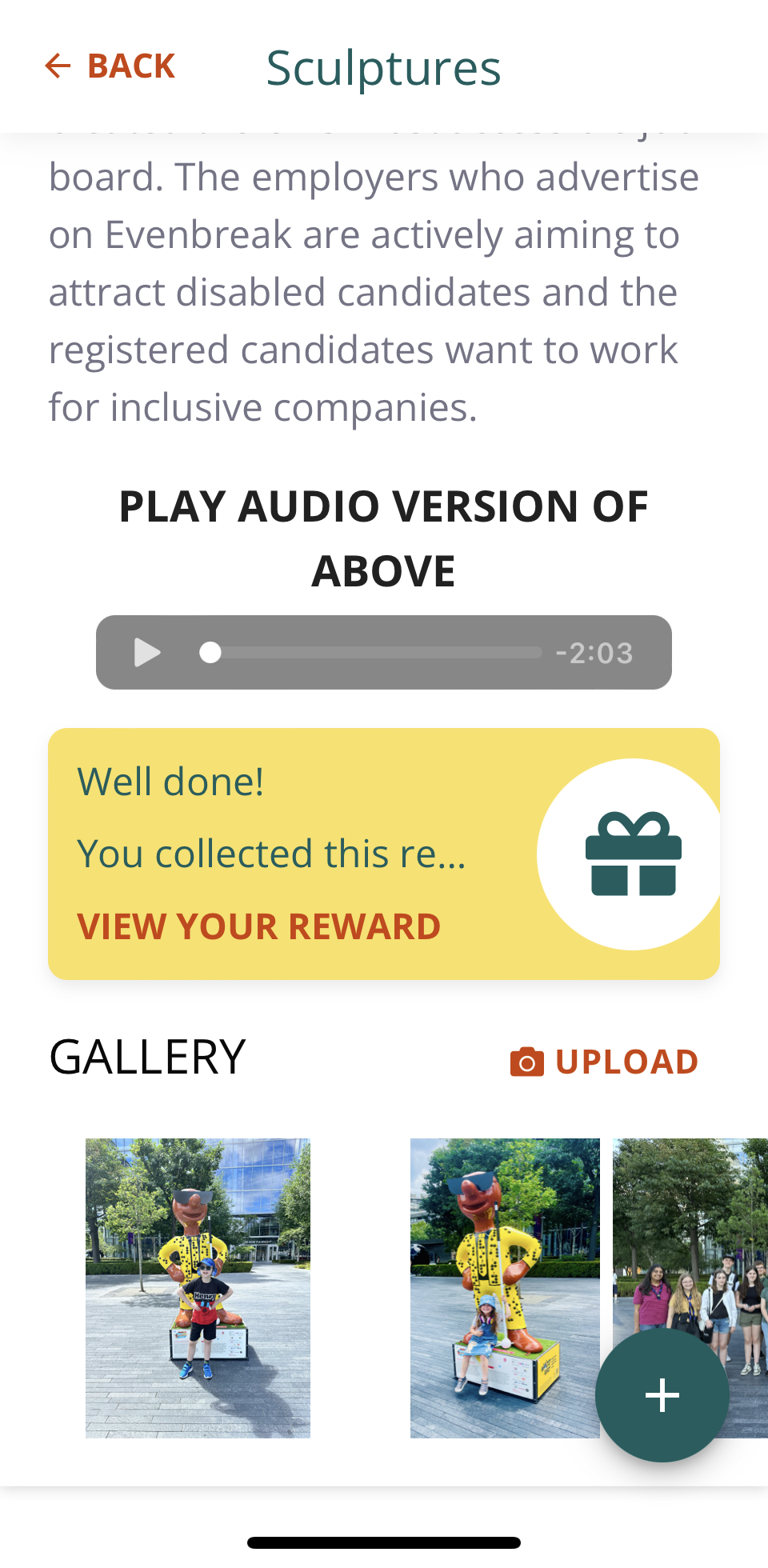 Screenshot from the app for the Morph art trail, showing a lower part of a page about a sculpture, with a button to play the text as audio, a reward that's been unlocked, and photos that have been submitted by users.
