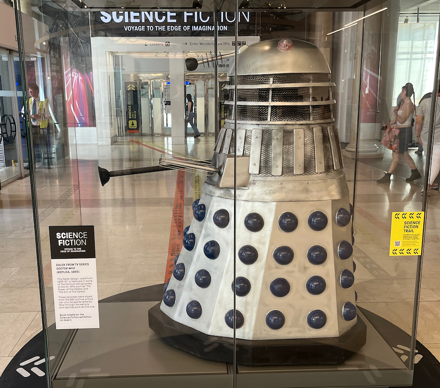 A 1965 silver replica Dalek from Doctor Who, in the entrance lobby of the Science Museum.