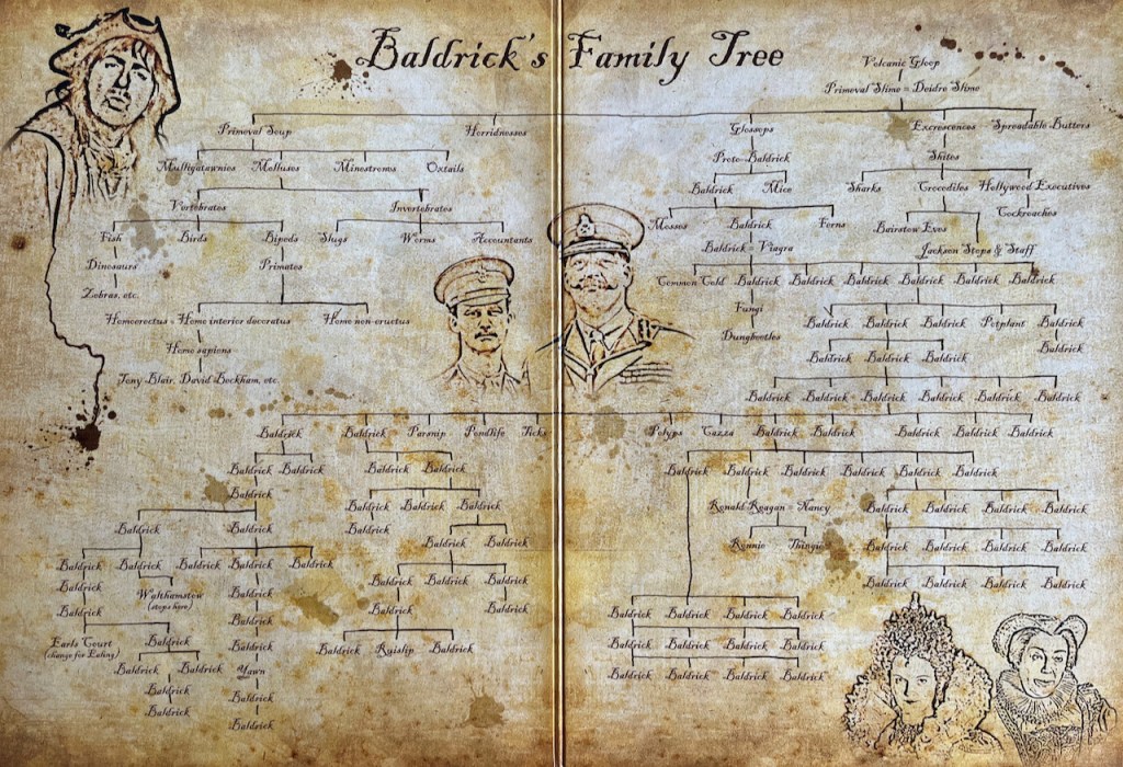 An unfolded double-page insert from the Blackadder DVD box set showing Baldrick's family tree. At the very top, Volcanic Gloop gives birth to Primeval Slime, known as Deidre Slime. That then gives birth to Primeval Soup, Glossops, Excrescences, Horridnesses and Spreadable Butters. Under Primeval Soup are names of edible soups, as well as branches leading to animals and primates, culminating in the human race. Excrescences leads to dirty things like shites, sharks, Hollywood Executives, cockroaches and the estate agents Jackson Stops. Baldrick's tree comes under Glossops. Proto-Baldrick leads to Baldrick and Mice. From there the Baldrick branch leads to a huge number of other Baldricks, alongside the common cold, fungi, dung beetles, pot plants, polyps, and Ronald Reagan and Nancy, who give birth to Ronnie and Thingie.