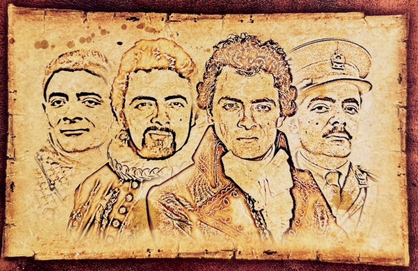 Head and shoulder sketches of the different incarnations of Edmund Blackadder from the 4 series of the classic sitcom. The first has a feeble expression on his face, the second is wearing a ruff around his neck and Tudor-era clothing, the third is dressed in his butler's outfit from the Regency period, and the fourth is a soldier from the First World War.