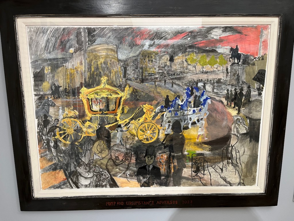 Pomp And Circumstance Adversus by Dan Llewelyn Hal representing the Coronation of King Charles III. It shows the ornate gold coach being pulled by horses, going past people on a curving street.