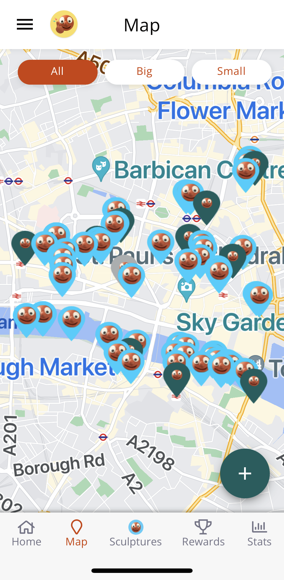Screenshot from the app for the Morph art trail, showing a map of central London with markers for each sculpture.