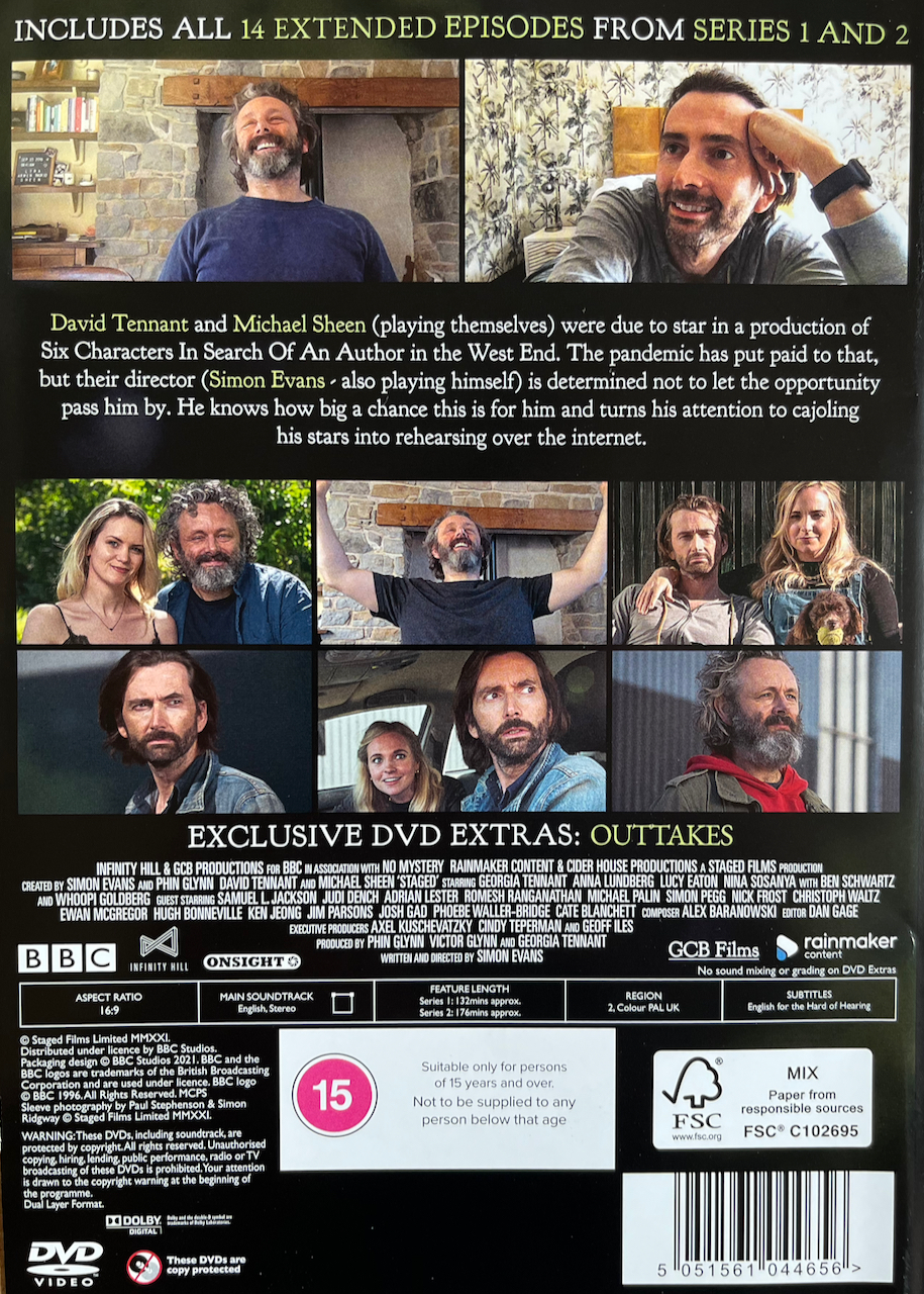 Back cover of the DVD set for Series 1 and 2 of Staged, with several photos from the series above and below the description of the show.