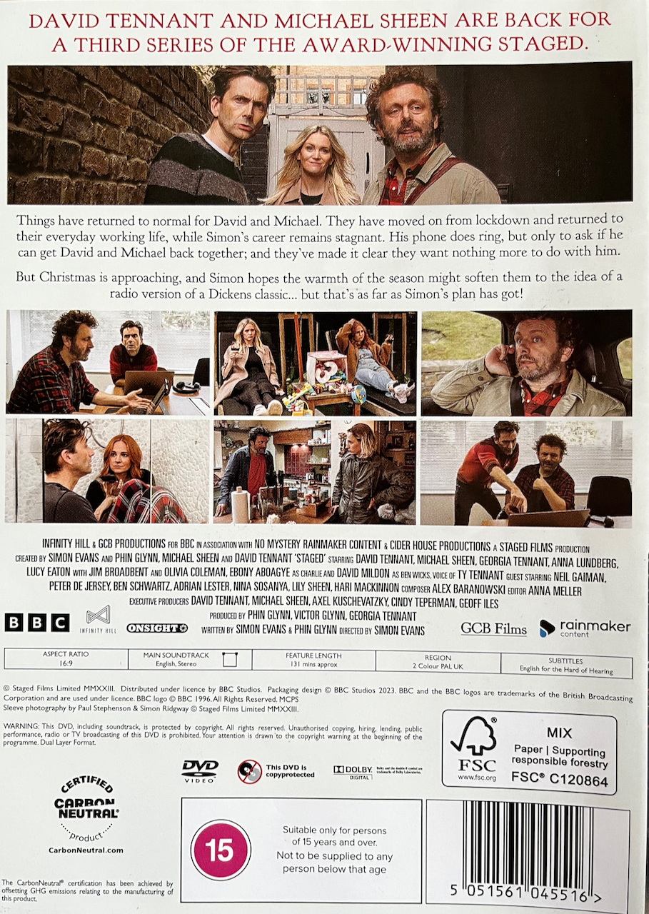 Back cover of the DVD for Series 3 of Staged, with several photos from the series above and below the description of the show.