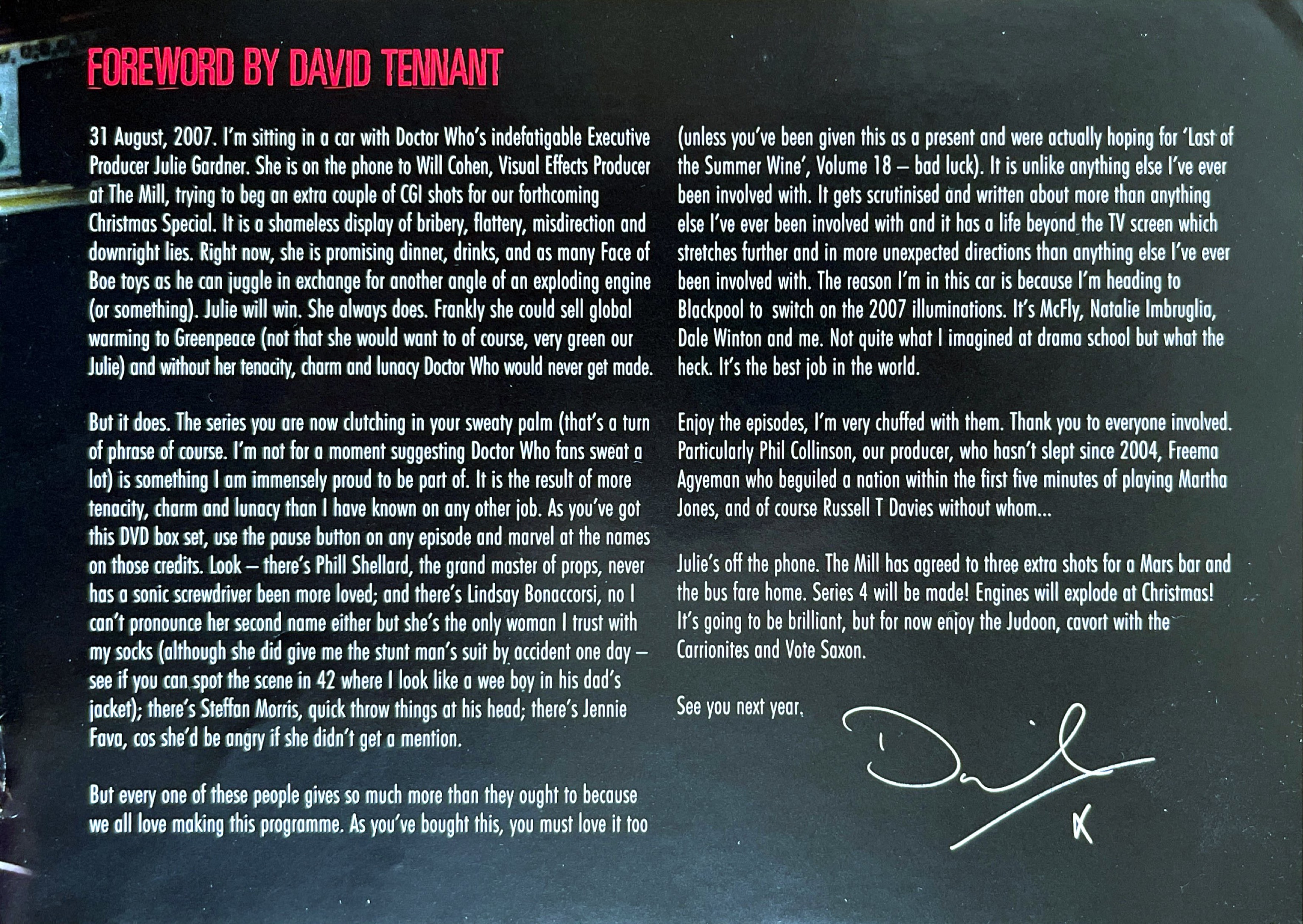 Foreword by David Tennant, from the booklet included with the DVD of Doctor Who Series 3.