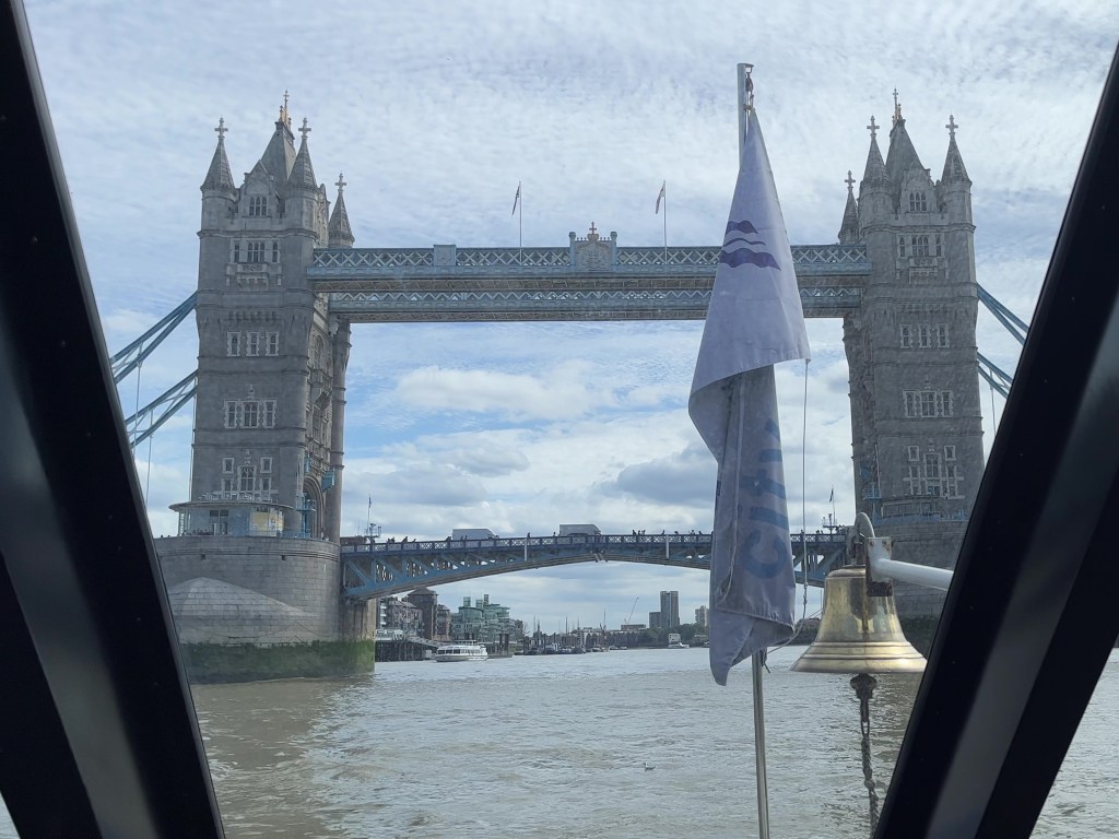 Tower Bridge, viewed from the front of the Millennium of London boat as it's about to pass underneath it.