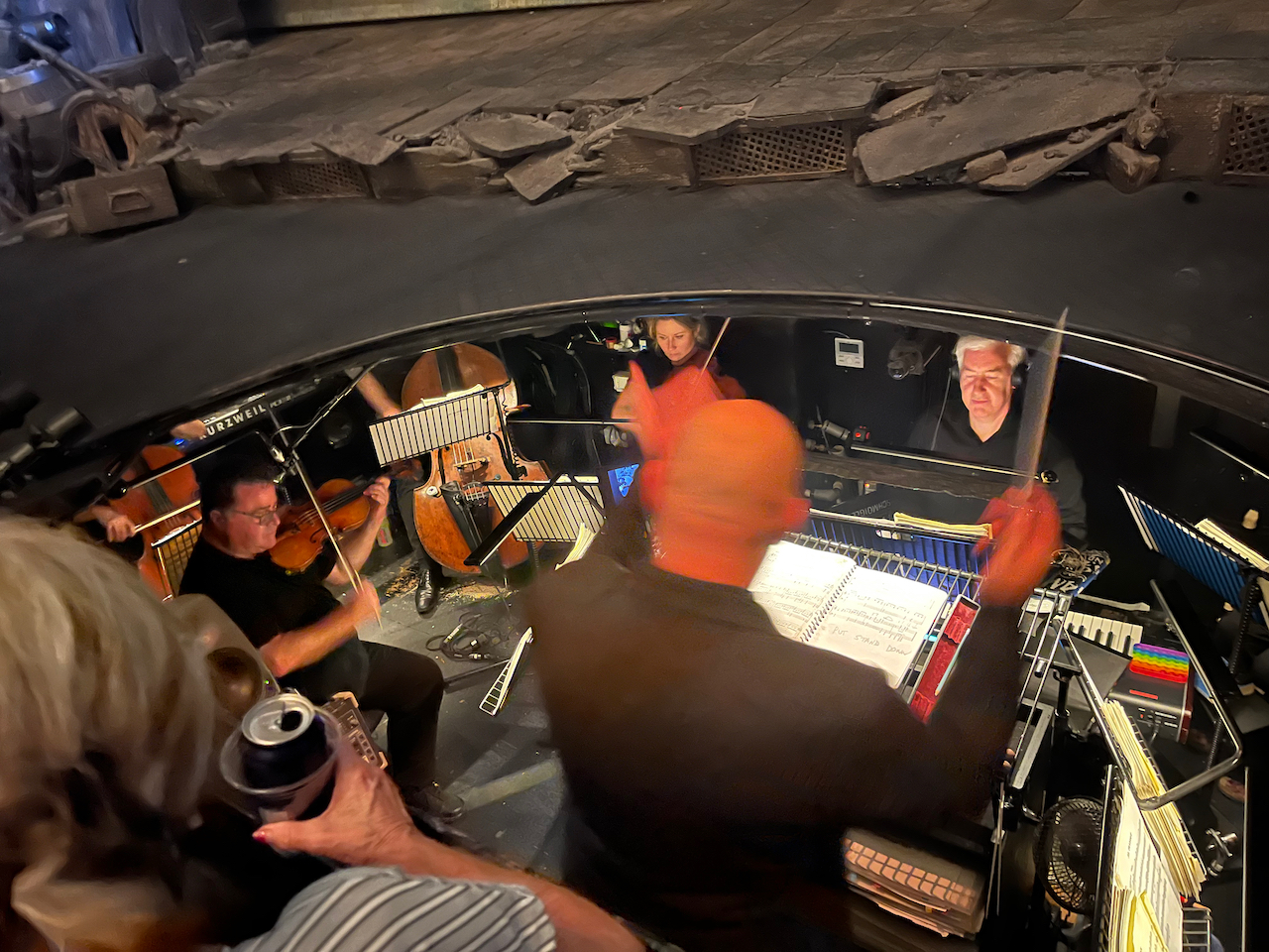 The conductor leading members of the orchestra in the pit at the front of the stage.