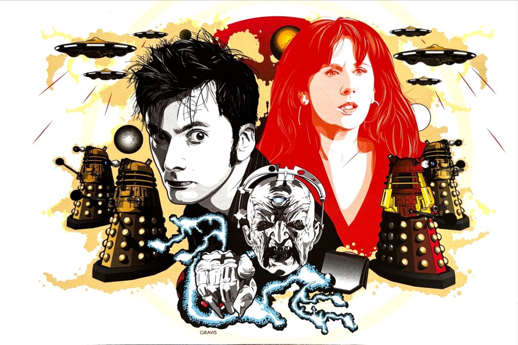 Artwork from the booklet accompanying the DVD of Doctor Who Series 4, showing David Tennant's Doctor and Donna Noble, with Davros in front of them, Daleks on either side, and round Dalek spaceships flying overhead.