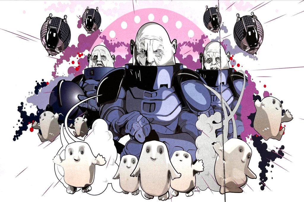 Artwork from the booklet accompanying the DVD of Doctor Who Series 4, showing the large alien Sontarans in their bulky body armour alongside the much smaller Adipose aliens.