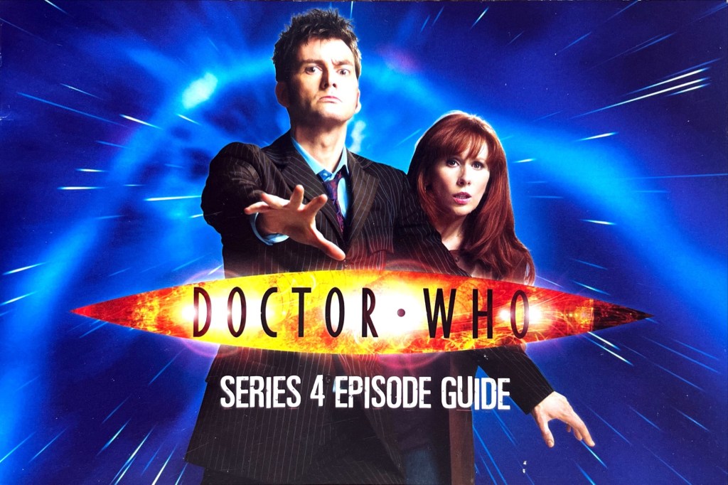 Cover of the booklet included with the DVD of Doctor Who Series 4, featuring David Tennant's Doctor wearing a pinstripe suit as he holds his hand out in front of him towards us. Redhead Donna Noble looks around his shoulder with a look of surprise on her face. The background shows the swirling blue and white patterns of the time vortex.