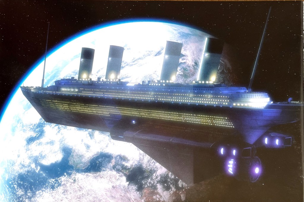 The massive cruise ship Titanic, flying above planet Earth, from the Doctor Who episode Voyage Of The Damned.