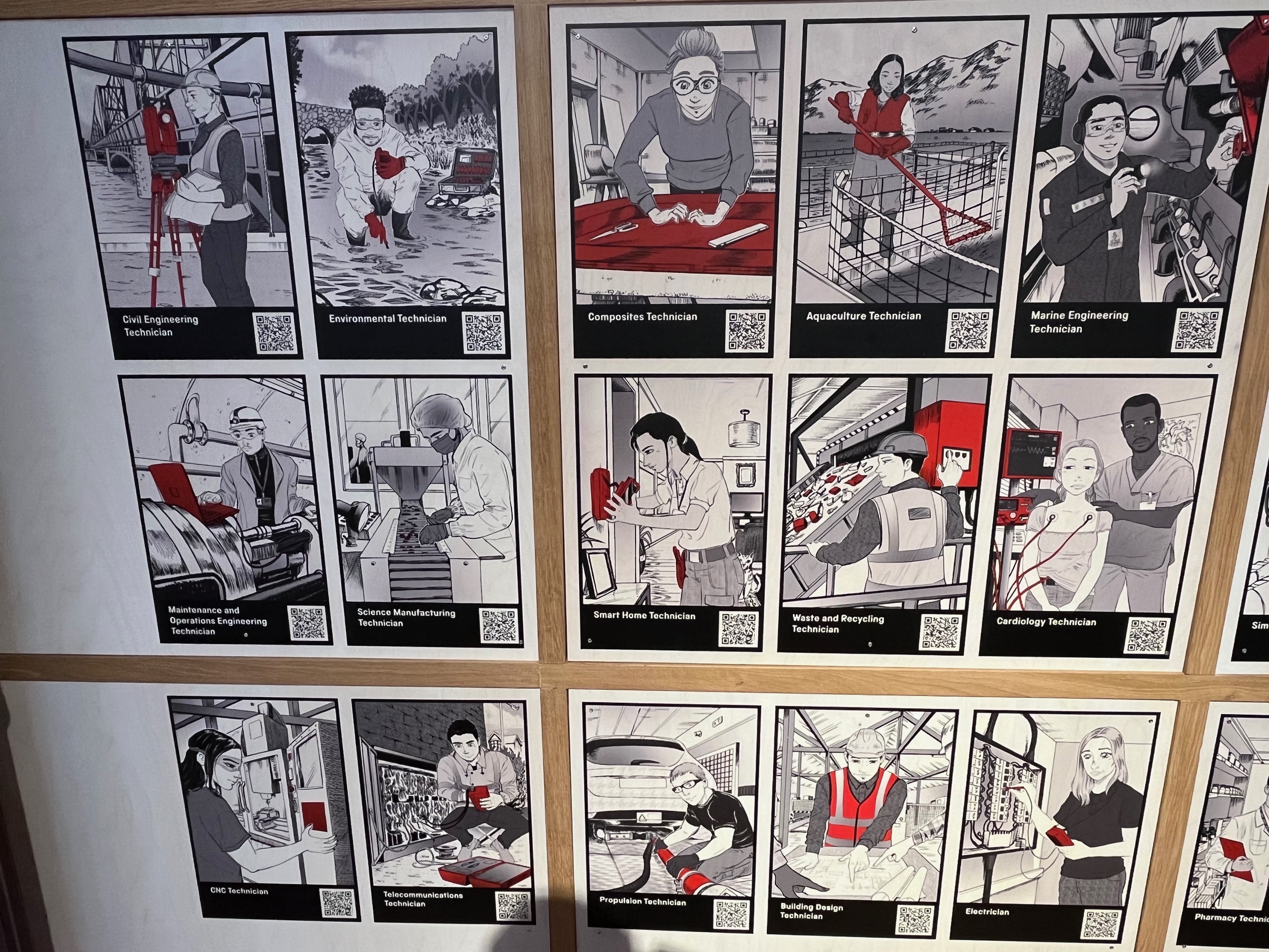 A wall showing black and white cartoon images and QR codes for many different technician careers that young people could consider joining, including civil engineering, environmental, maintenance and operations engineering, science manufacturing, telecommunications, composites, aquaculture, marine engineering, smart home, waste and recycling, cardiology, propulsion, building design, and electrical technicians.
