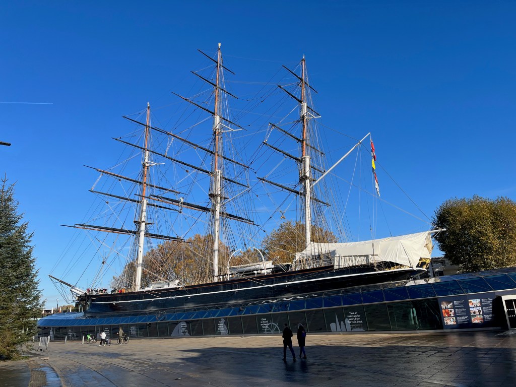 The clipper ship the Cutty Sark, with its 3 huge masts.