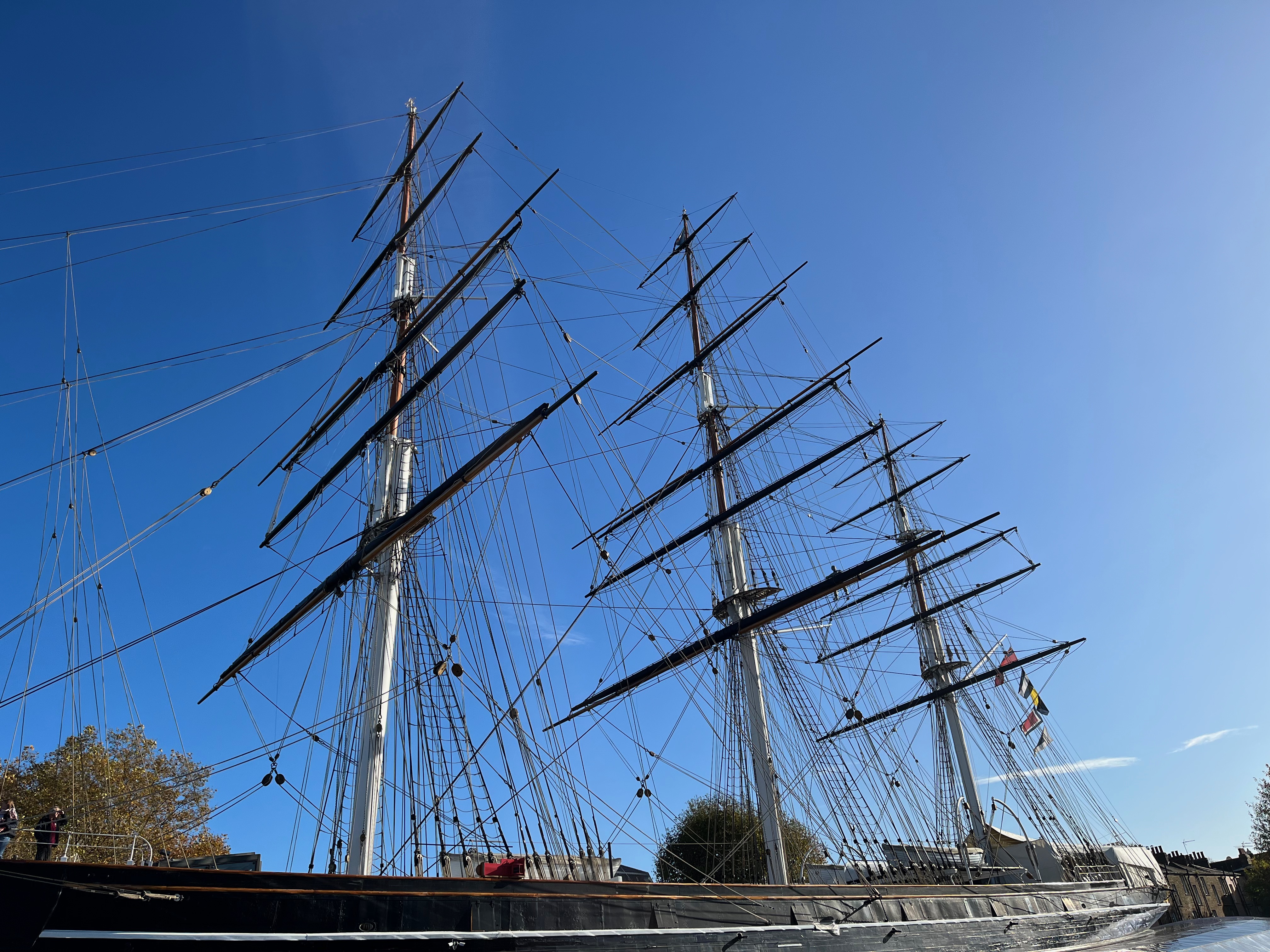 Close up of the 3 huge masts on the Cutty Sark.
