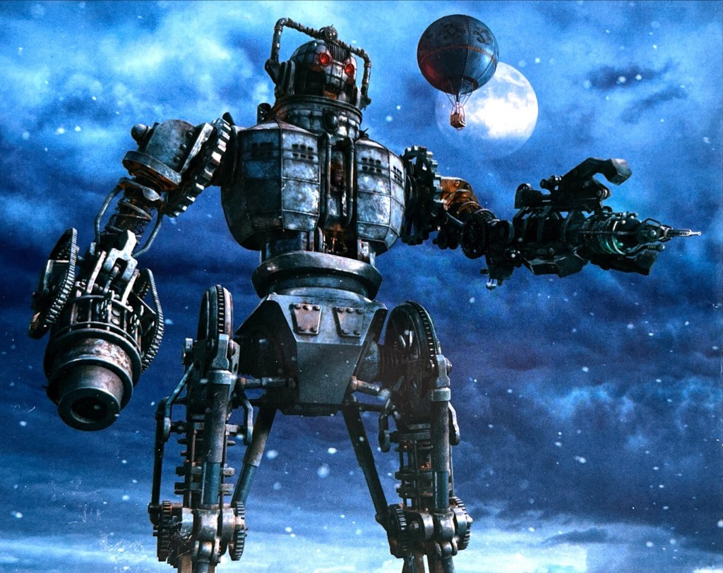 The CyberKing, a massive robot-like machine, with big weapons on each arm, which dwarfs the hot air balloon flying alongside its head in front of a moonlit sky.