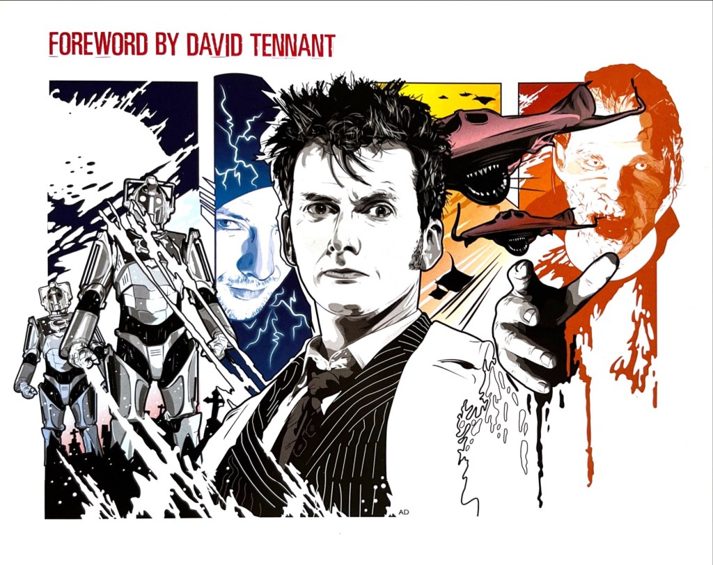 The title page for the foreword by David Tennant, in the booklet accompanying the old DVD set for the Doctor Who 2008 to 2010 Specials. Below the words Foreword by David Tennant is colourful artwork showing the Doctor surrounded by a few of the enemies he encounters during the episodes, including the Cybermen.