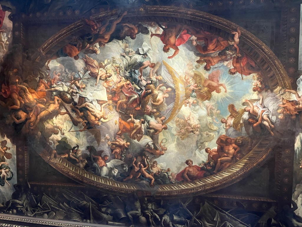 A large section of the artwork on the ceiling of the Painted Hall in the Old Royal Naval College.