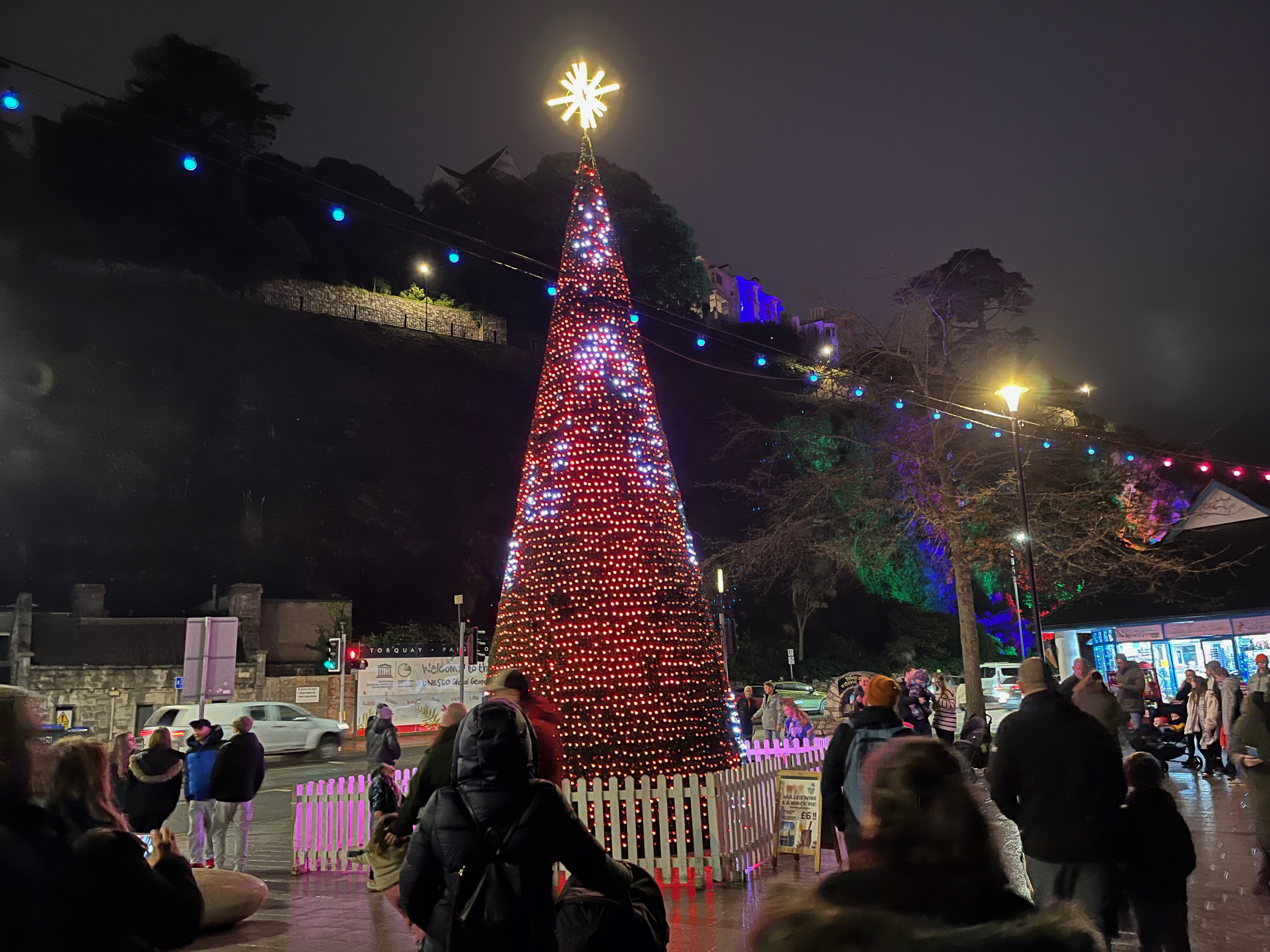 A very tall tree-like structure, covered in pixels that are showing animated red and white patterns. A brightly lit yellow star sits on top of the tree.