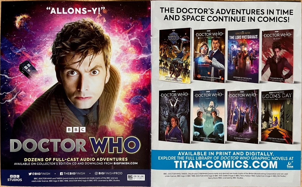 Double-page spread from a booklet of Doctor Who products, advertising audiobooks by Big Finish and graphic novels by Titan Comics.