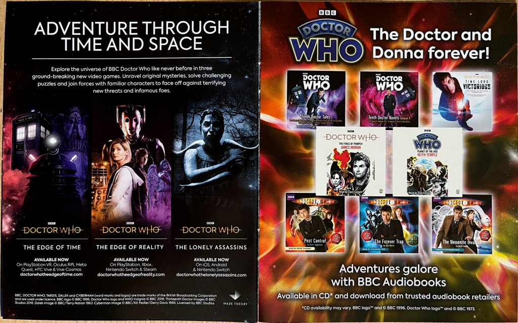 Double-page spread from a booklet of Doctor Who products, advertising computer games and BBC audiobooks.