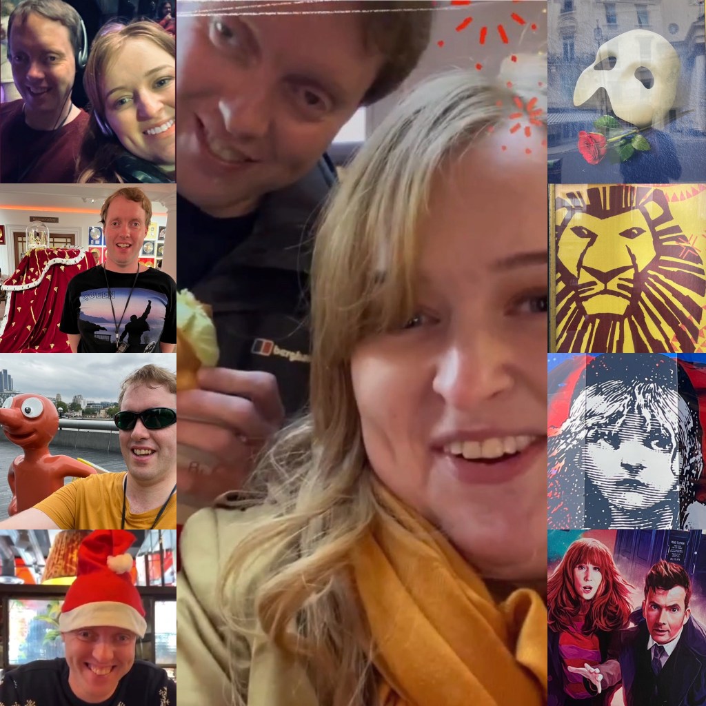 Collage of 9 of my favourite photos from 2023, including Emily Davison and I celebrating our new job together, the two of us in a theatre with headsets on, me standing in front of Freddie Mercury's red robe and golden crown in the Sotheby's exhibition, me wearing sunglasses while sitting next to a large statue of Morph, and me smiling while wearing a Christmas hat. There are also closeups of theatre posters, with the mask from Phantom Of The Opera, the lion from The Lion King, and the young waif Cosette from Les Miserables. And finally there's an image of David Tennant as the Doctor and Catherine Tate as Donna Noble from the 60th anniversary specials of Doctor Who.