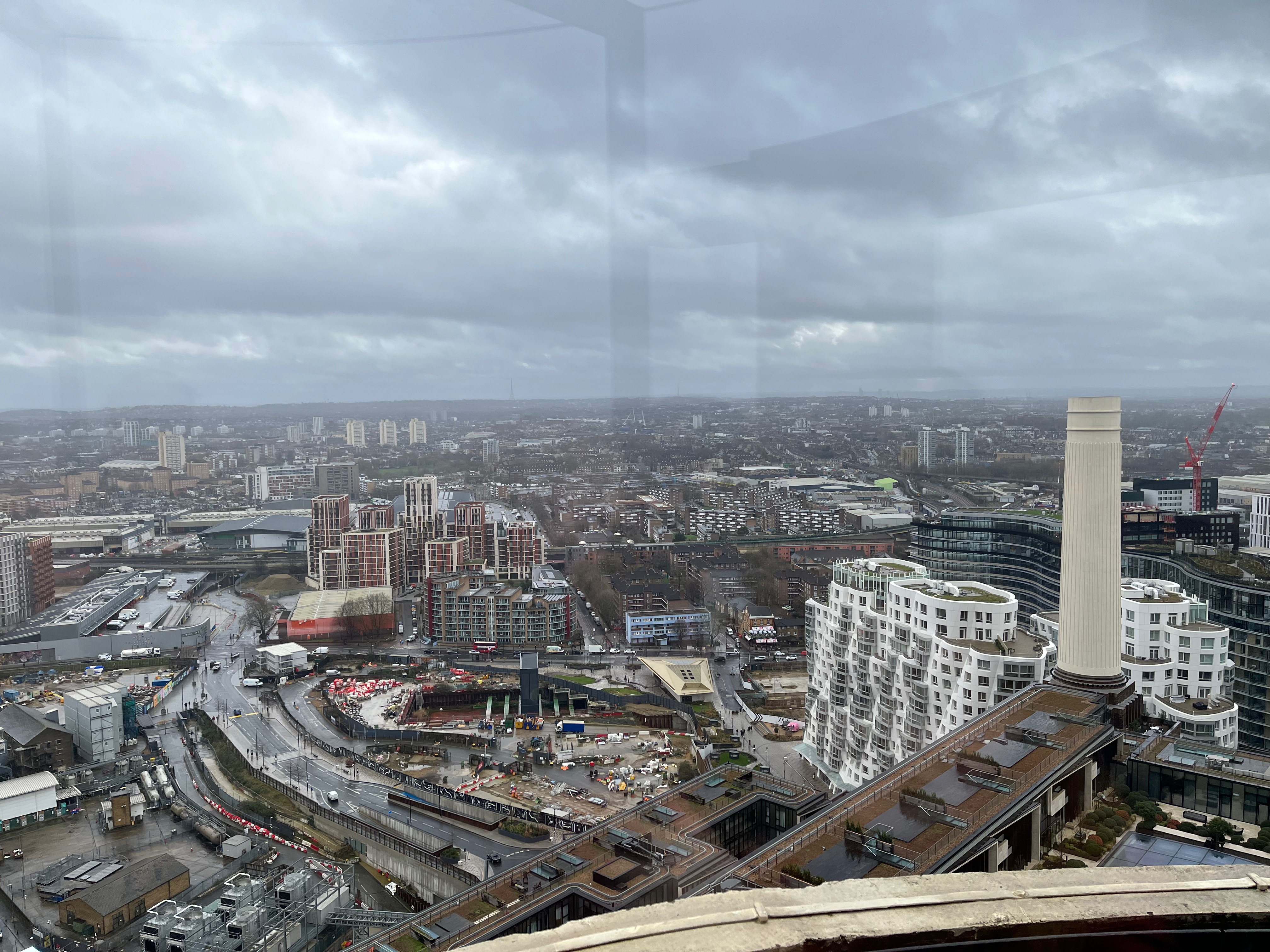 View across London from Lift 109, at the top of a chimney in Battersea Power Station.