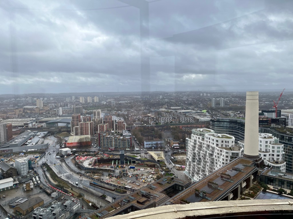 View across London from Lift 109, at the top of a chimney in Battersea Power Station.