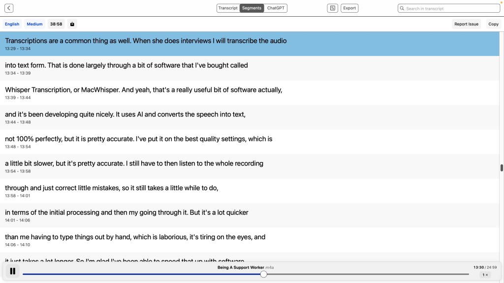 Screenshot of the MacWhisper transcription software, showing text generated from speech broken up into timed segments.