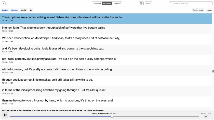 Screenshot of the MacWhisper transcription software, showing text generated from speech broken up into timed segments.