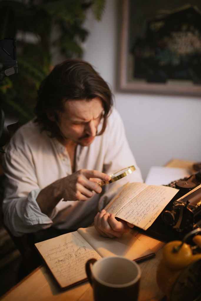 A man reading a piece of paper with a magnifying glass.