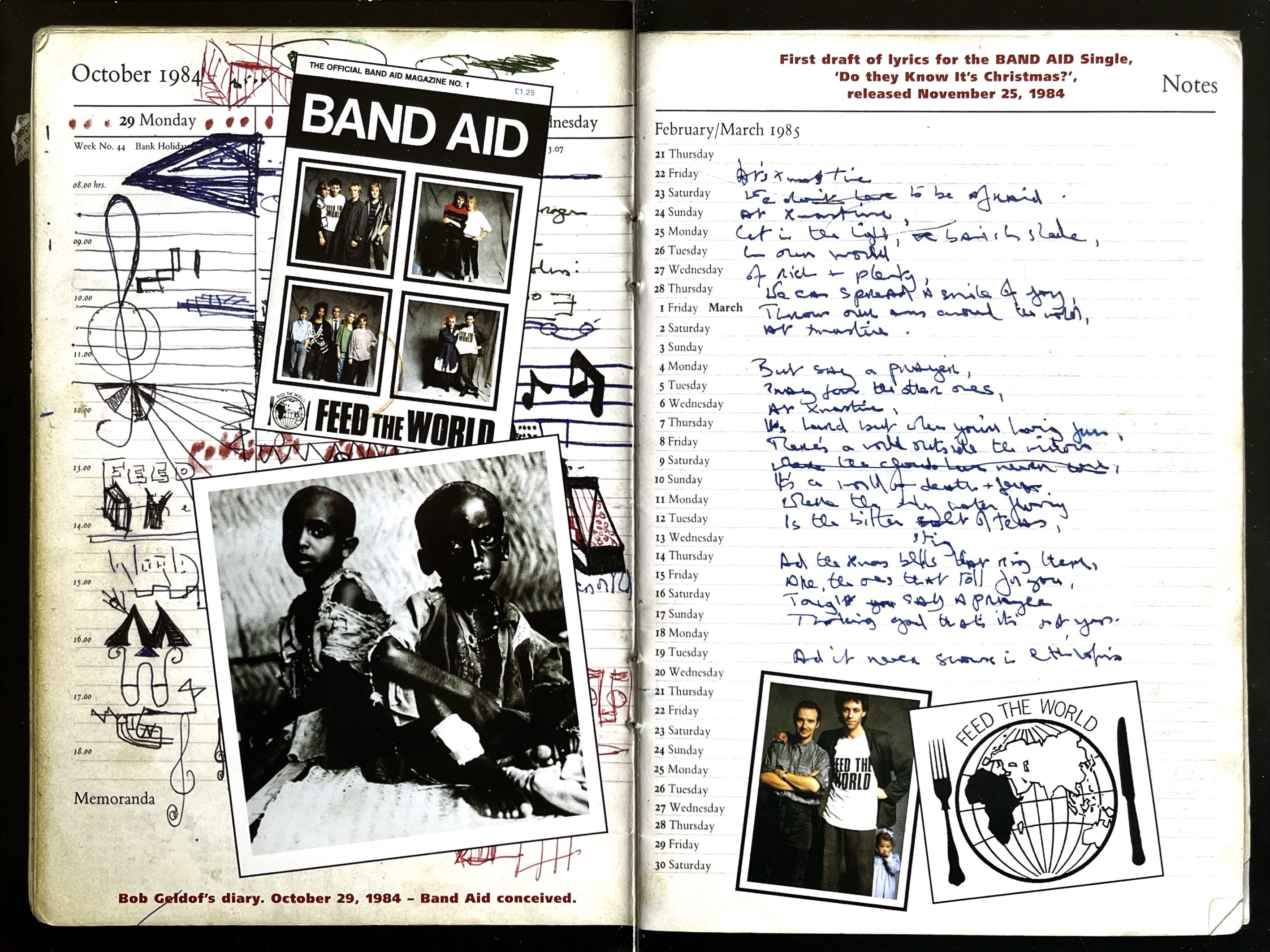 Double-page spread from the Live Aid DVD booklet. The left page shows a promotional poster with photos of some of the stars in the Band Aid single, above a photo of 2 very sick African children, over the top of notes and doodles from Bob Geldof's diary during the conception of Band Aid. The right page shows the first handwritten draft lyrics for Do They Know It's Christmas?