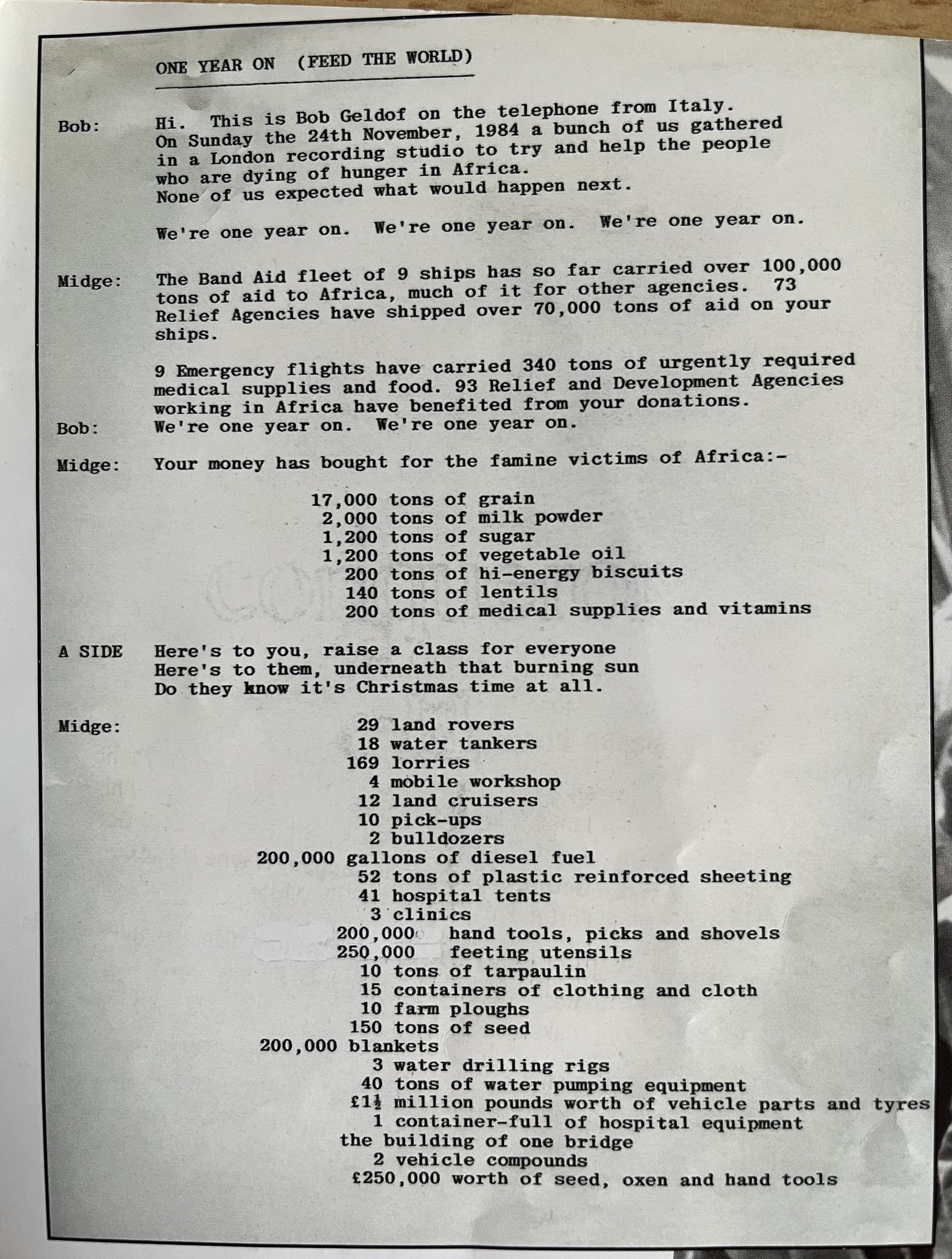 Extract from the Live Aid DVD booklet, showing the transcript of the message in the 1985 B-side track Feed The World, in which Bob Geldof and Midge Ure explain how the money raised from the 1984 single Do They Know It's Christmas had been spent in Africa.