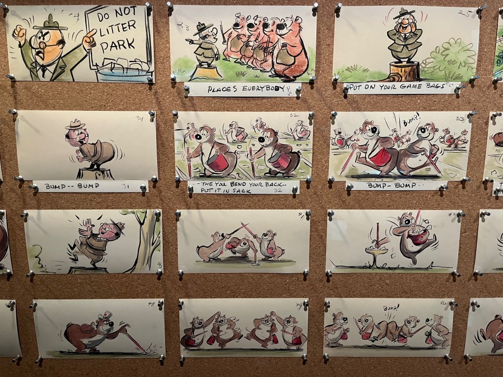 A sequence of storyboard images for a Disney cartoon, with a caption below each image for the speech.