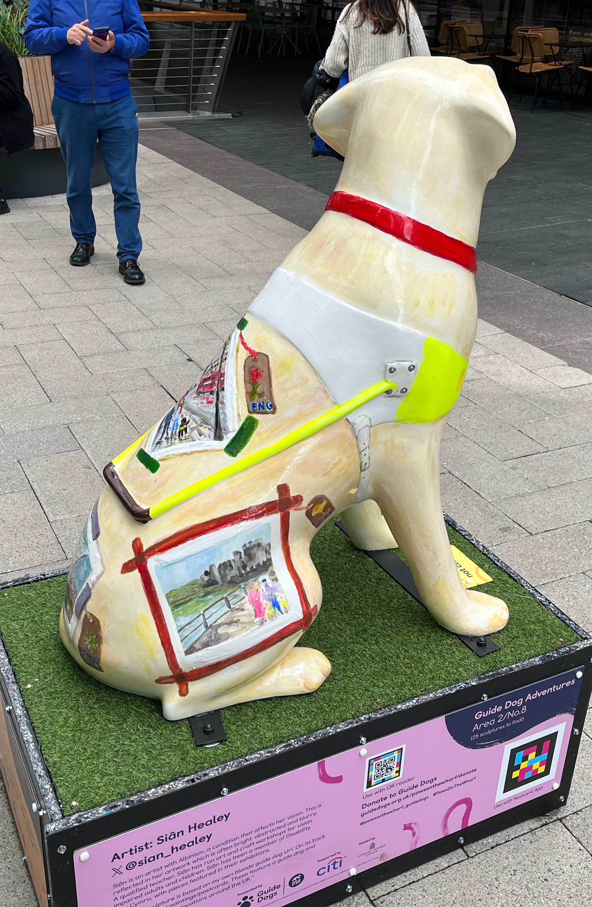 Right side view of a realistic sculpture of a yellow guide dog, with a white Guide Dogs harness, which has a luminous green section on the front of the harness and a bright green handle on the back. On the dog's back and its rear legs are postcards of guide dogs and their owners in different parts of the UK, including one of a couple of people with their dog walking over a bridge.