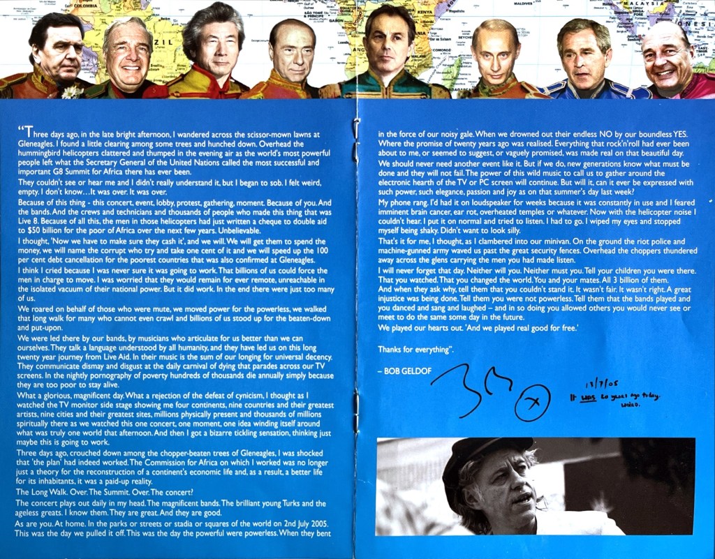 Double-page spread from the Live 8 DVD booklet, with a foreword by Bob Geldof in white text on a blue background. An image of the 8 political leaders from the G8 countries spans the top of both pages, while there's a photo of Bob Geldof at the bottom of the right page, below his signature in black.