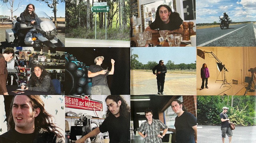 Double-page spread from the booklet with Ross Noble's Fizzy Logic DVD, showing a collage of 12 photos of Ross travelling around during his tour, including images of Ross on his motorbike and exploring on foot, signing things for fans, and doing a photoshoot.