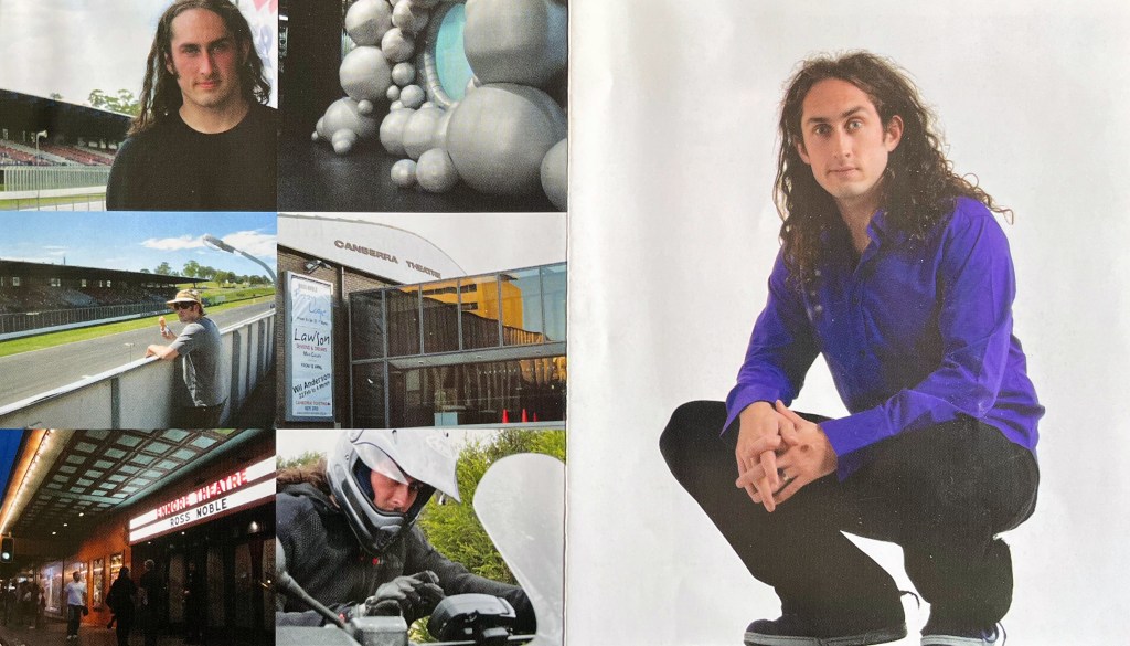 Double-page spread from the booklet with Ross Noble's Fizzy Logic DVD. The left page shows a collage of 6 photos from the tour, including Ross out and about, venues he performed at, and the silver balls that make up the set. The right page shows Ross posing in a squatting position, wearing a dark blue shirt and black trousers.