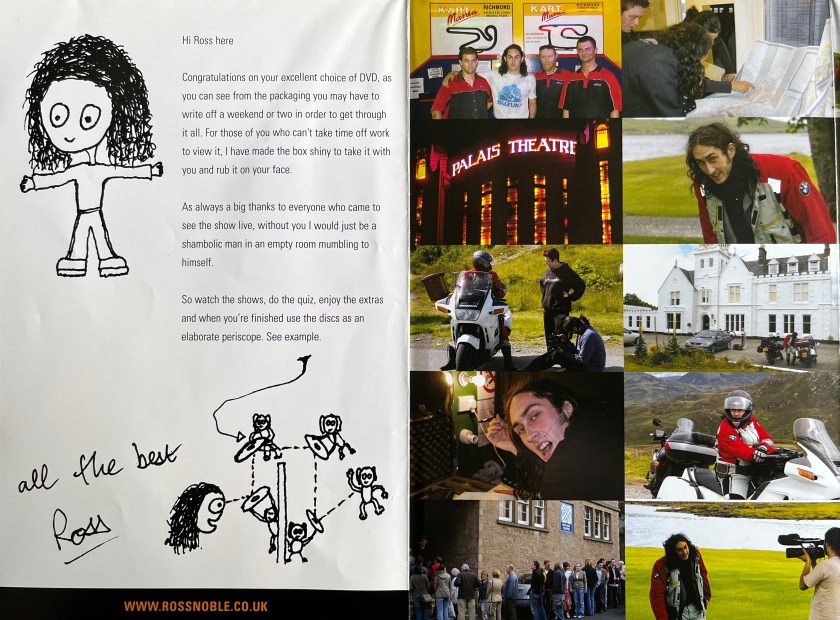 Double-page spread from the booklet with Ross Noble's Randomist DVD. The left page has a greeting by Ross, next to which is a doodle of him at the top of the page, while at the bottom is a drawing of monkeys holding the 4 discs to reflect an image around a wall to Ross's face, like an elaborate periscope system. The right page is a collage of photos of Ross travelling around during his tour.