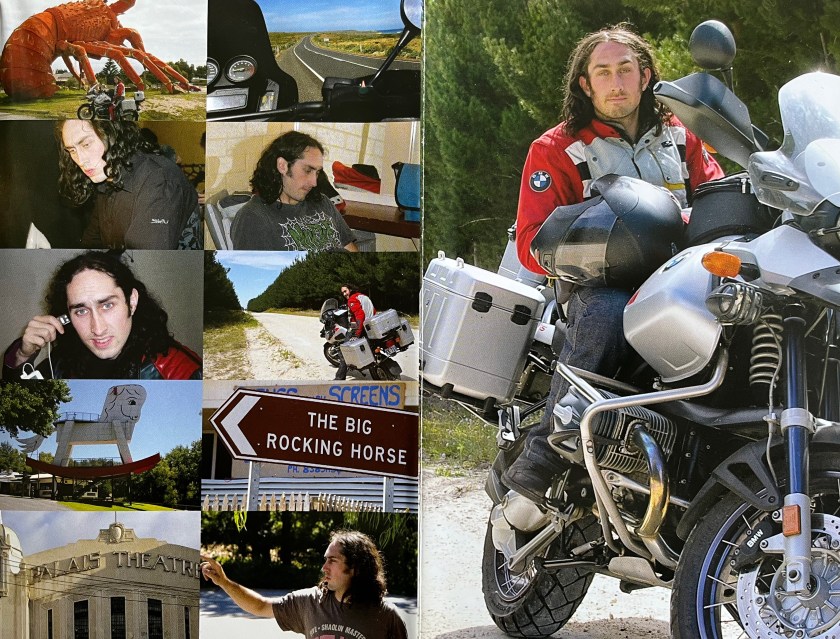 Double-page spread from the booklet with Ross Noble's Randomist DVD. The right page shows a photo of him standing by his motorcycle, while the left page shows a collage of other photos from his travels, including giant models of a red lobster and a rocking horse, a POV shot from the front of his motorbike towards a long empty road with fields on each side, a shot of him riding his bike down a long tree-lined road, and the exterior of the Palais Theatre.