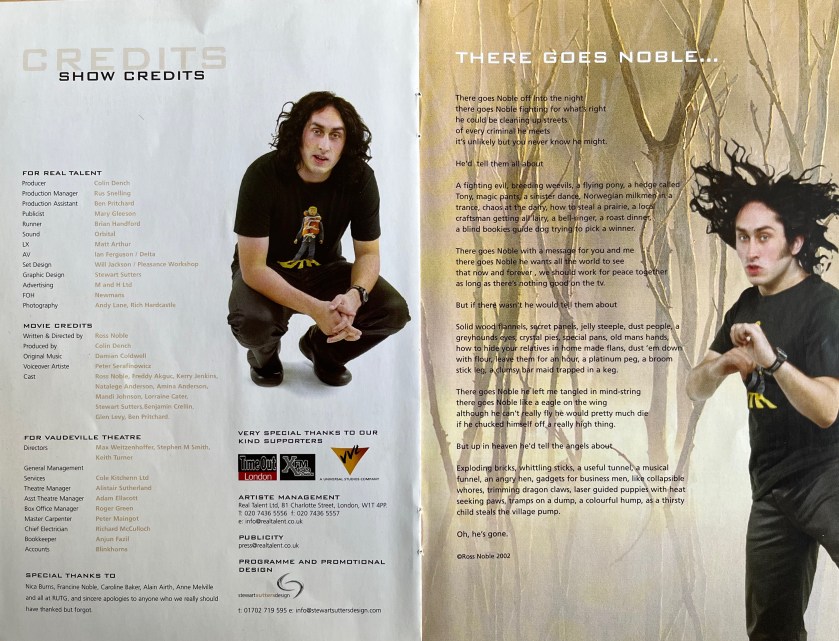 Double-page spread from the booklet with Ross Noble's Sonic Waffle DVD. The left page presents the show credits next to a photo of Ross squatting down. The right page has a photo of Ross with his hair messily flying in the air as he stands in a kung fu stance. Next to him are the lyrics for the song There Goes Noble.