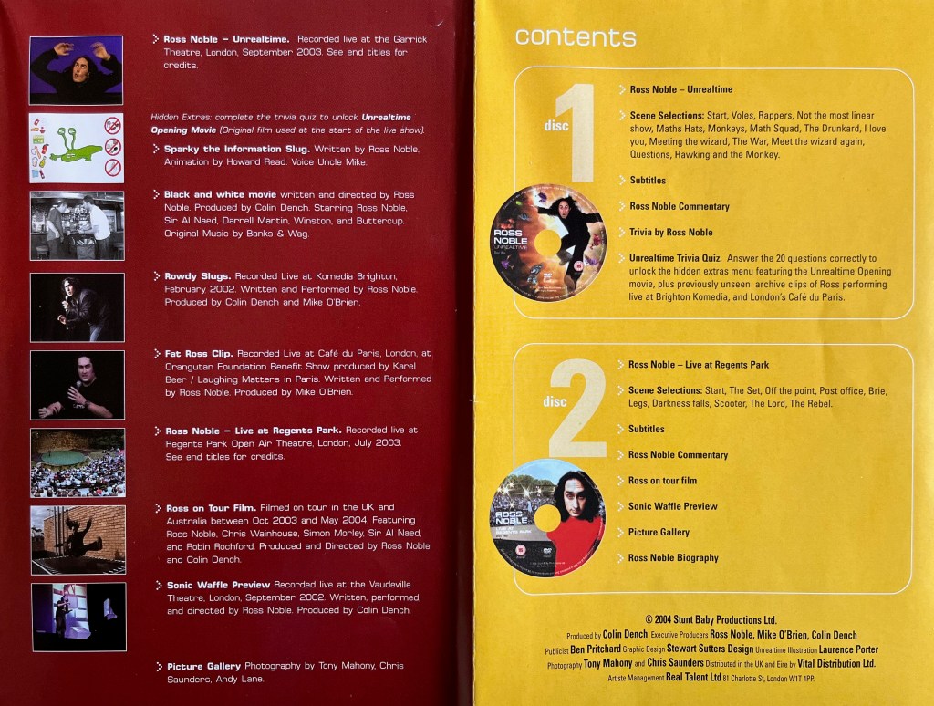 Double-page spread from the booklet with the Ross Noble DVD Unrealtime, detailing the contents and extra features of both discs in the set. The left page has white text on a red background, while the right page has black text on a yellow background.
