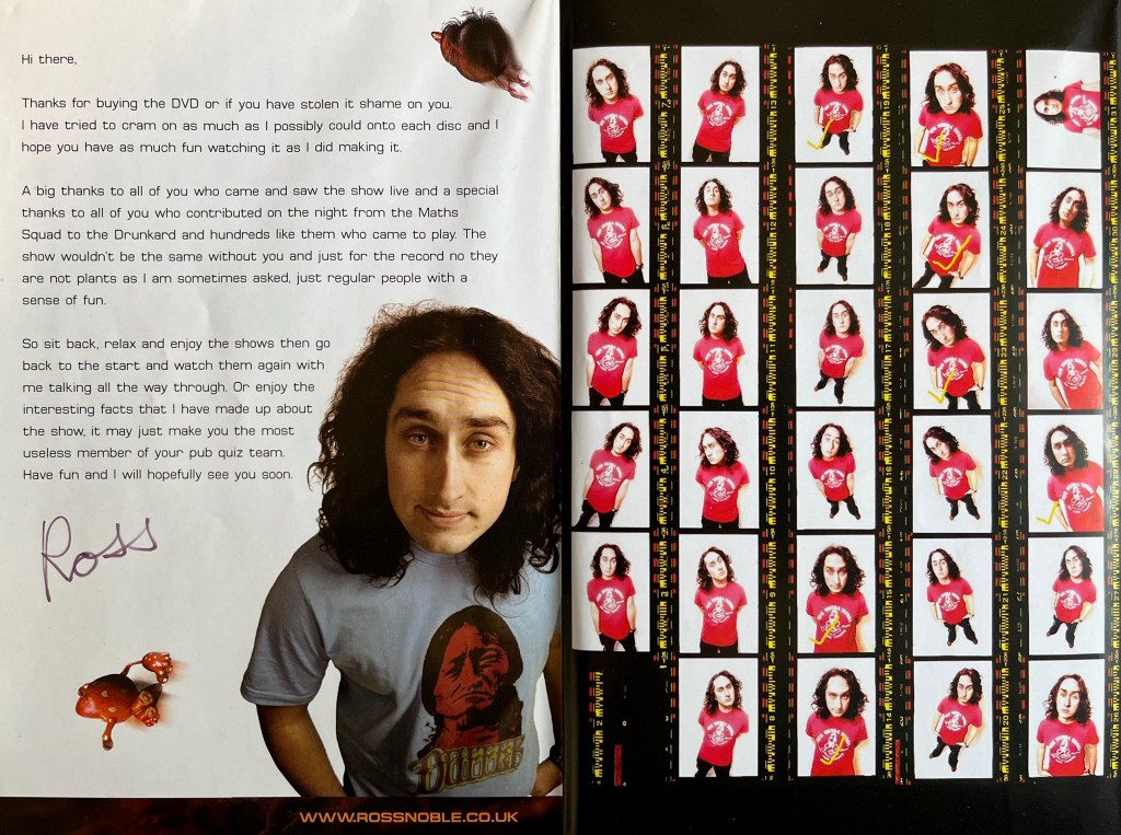 Double-page spread from the booklet with the Ross Noble DVD Unrealtime. The left page has an introduction from Ross thanking you for buying the DVD, while the right page has film strips showing Ross being photographed in different poses.